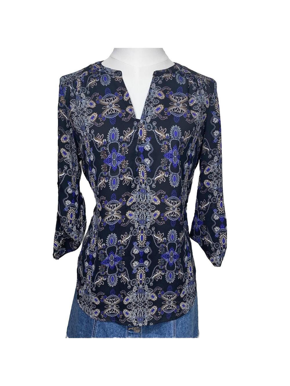 Faded Glory Blouse Womens S Small Black Blue Paisley Roll Tab Split Neck Tunic